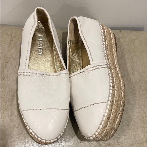 Prada Shoes - Prada White Leather Espadrille Platform Slip-Ons